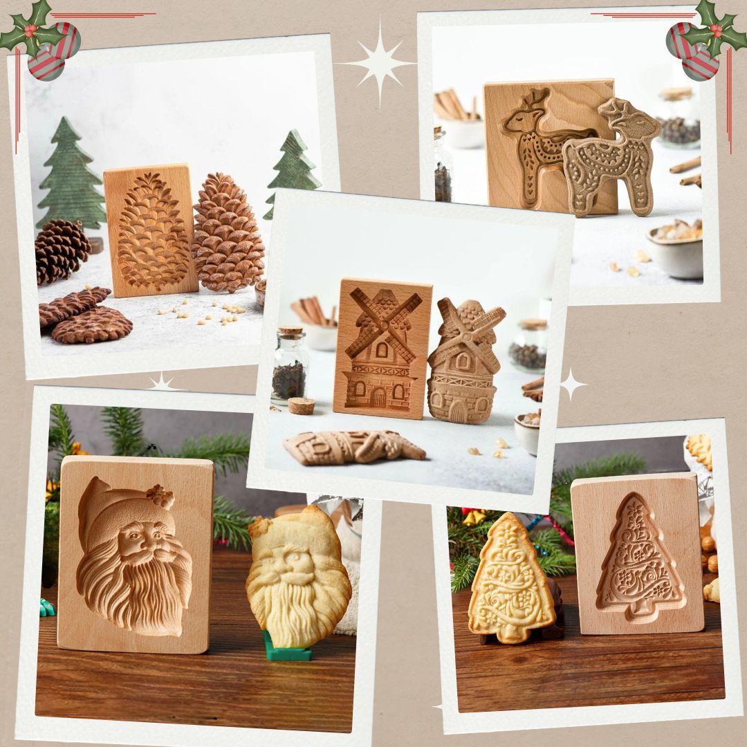 Lot de moules en bois traditionnels pour pains d'épices + 5 douilles à pâtisserie OFFERTES (Le 2ème lot à -50%)